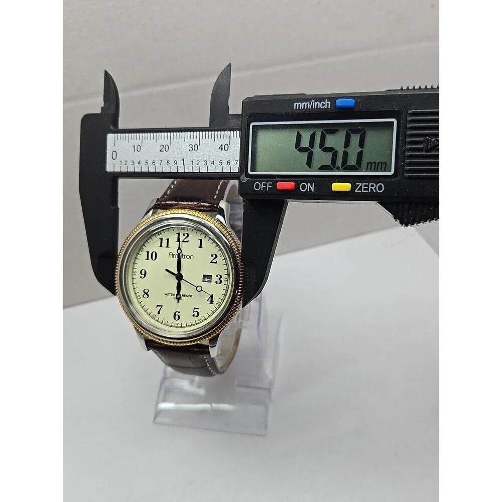 Armitron Mens Dress Watch Date Two Tone Coin Bezel Brown Leather New Battery